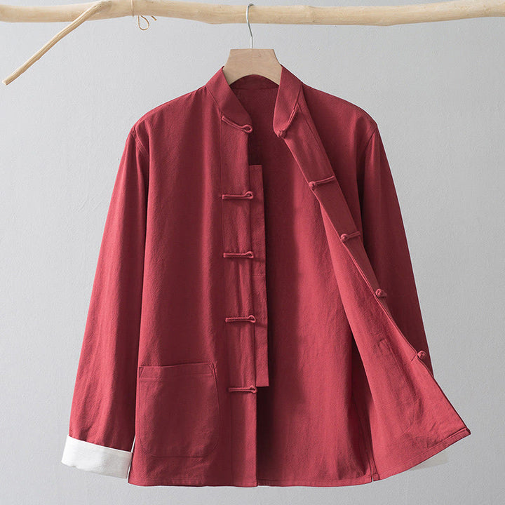 Buddha Stones Frog-Bottone Cinese Tang Suit Camicia Cotone Lino Uomo Giacca Abbigliamento - Camicia rossa e bottone rana bianca - US/UK/AU44, EU54 (4XL) - image 14