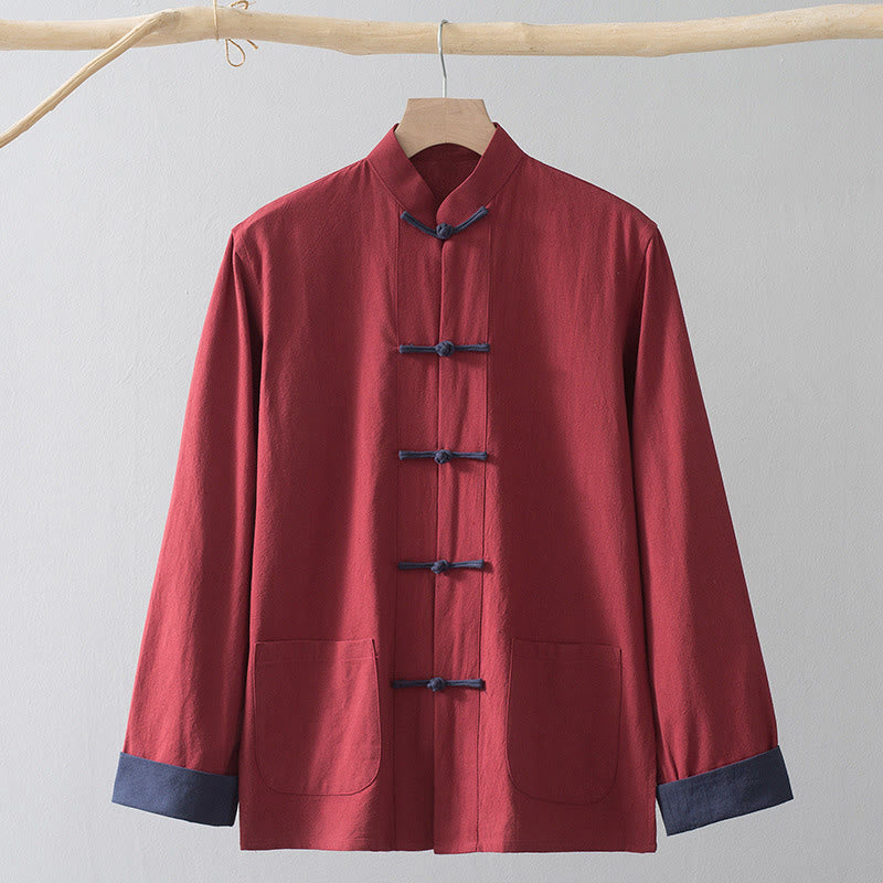 Buddha Stones Frog-Bottone Cinese Tang Suit Camicia Cotone Lino Uomo Giacca Abbigliamento - Camicia rossa e bottone rana blu - US/UK/AU44, EU54 (4XL) - image 17