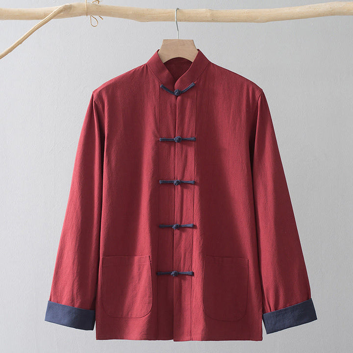 Buddha Stones Frog-Bottone Cinese Tang Suit Camicia Cotone Lino Uomo Giacca Abbigliamento - Camicia rossa e bottone rana blu - US/UK/AU44, EU54 (4XL) - image 17