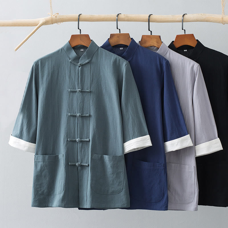 Camicia a maniche corte in cotone con bottoni a rana Buddha Stones, abito cinese Tang, abbigliamento da uomo con tasche - image 0