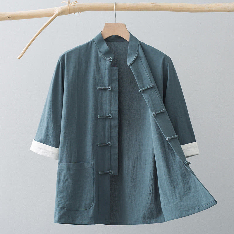 Camicia a maniche corte in cotone con bottoni a rana Buddha Stones, abito cinese Tang, abbigliamento da uomo con tasche - Grigio Verde - US/UK/AU44, EU54 (4XL) - image 2