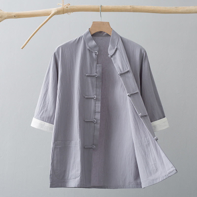 Camicia a maniche corte in cotone con bottoni a rana Buddha Stones, abito cinese Tang, abbigliamento da uomo con tasche - Grigio - US/UK/AU44, EU54 (4XL) - image 11