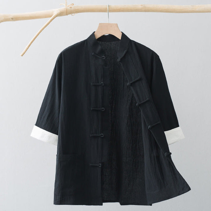 Camicia a maniche corte in cotone con bottoni a rana Buddha Stones, abito cinese Tang, abbigliamento da uomo con tasche - Nero - US/UK/AU44, EU54 (4XL) - image 12