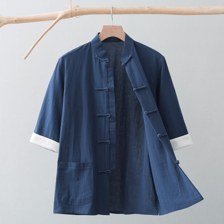 Camicia a maniche corte in cotone con bottoni a rana Buddha Stones, abito cinese Tang, abbigliamento da uomo con tasche - Blu navy - US/UK/AU44, EU54 (4XL) - image 15