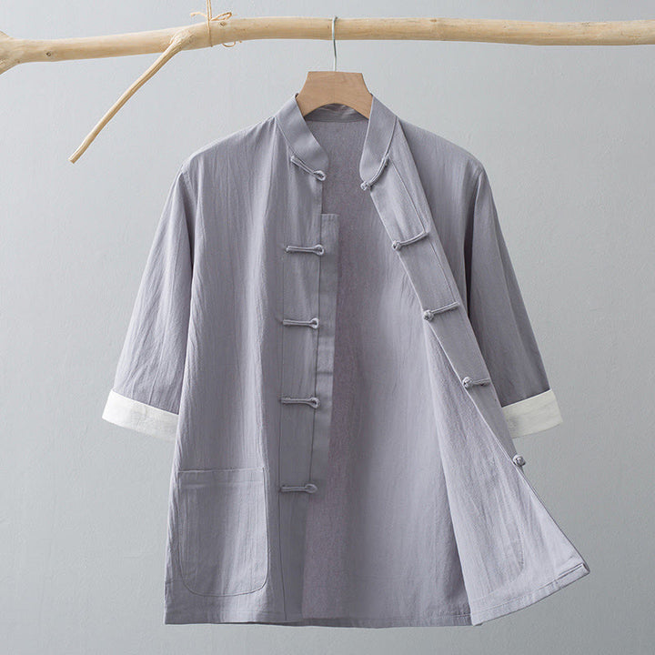 Camicia a maniche corte in cotone con bottoni a rana Buddha Stones, abito cinese Tang, abbigliamento da uomo con tasche - Grigio - US/UK/AU44, EU54 (4XL) - image 9