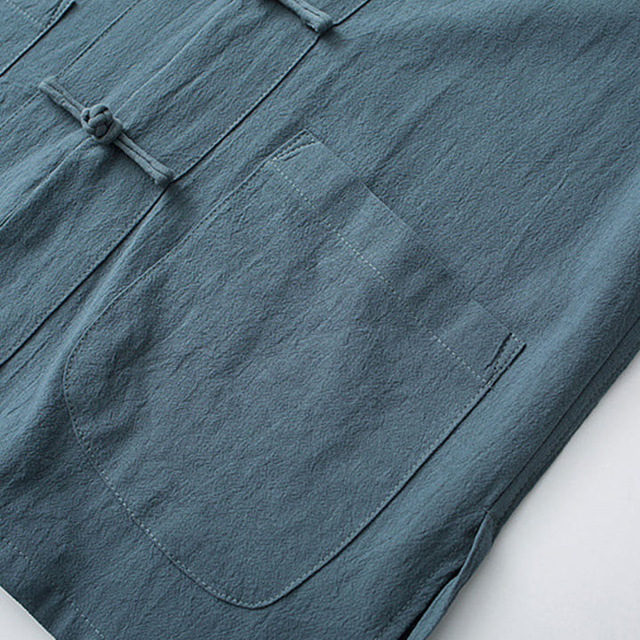 Camicia a maniche corte in cotone con bottoni a rana Buddha Stones, abito cinese Tang, abbigliamento da uomo con tasche - image 5