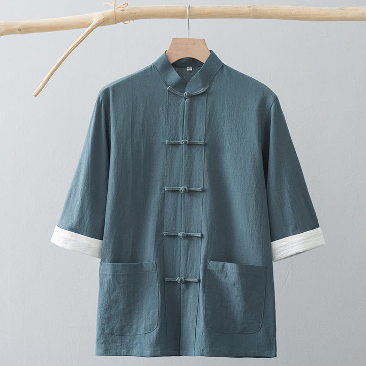Camicia a maniche corte in cotone con bottoni a rana Buddha Stones, abito cinese Tang, abbigliamento da uomo con tasche - image 2