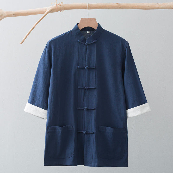 Camicia a maniche corte in cotone con bottoni a rana Buddha Stones, abito cinese Tang, abbigliamento da uomo con tasche - image 17