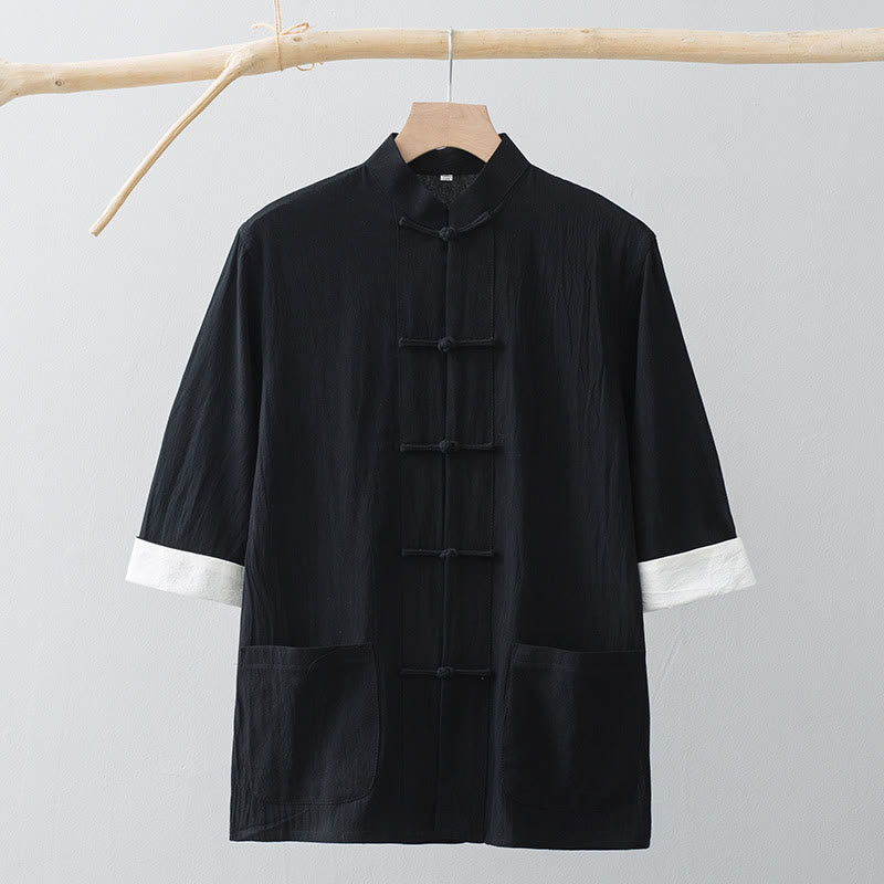 Camicia a maniche corte in cotone con bottoni a rana Buddha Stones, abito cinese Tang, abbigliamento da uomo con tasche - image 13