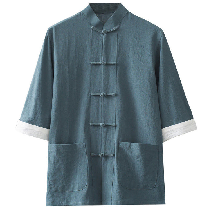 Camicia a maniche corte in cotone con bottoni a rana Buddha Stones, abito cinese Tang, abbigliamento da uomo con tasche - image 9