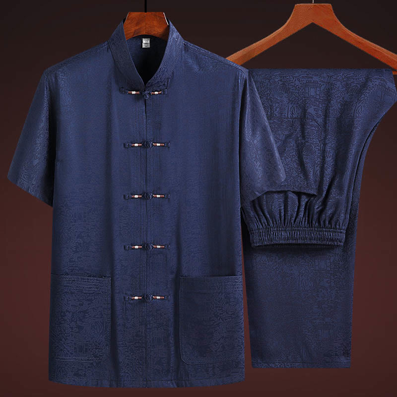 Buddha Stones lungo il fiume durante il festival di Qingming Modello tradizionale Tang Suit Camicia a maniche corte Pantaloni Abbigliamento Set da uomo
