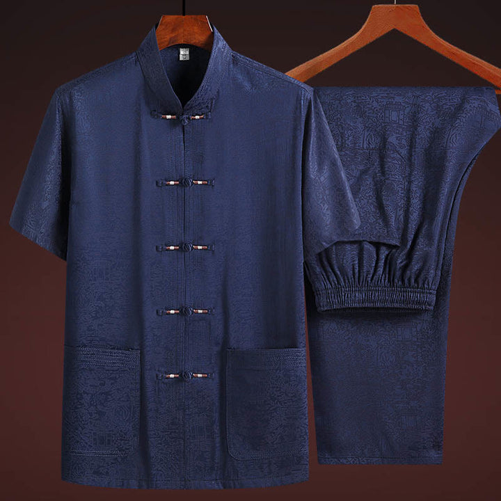 Buddha Stones lungo il fiume durante il festival di Qingming Modello tradizionale Tang Suit Camicia a maniche corte Pantaloni Abbigliamento Set da uomo