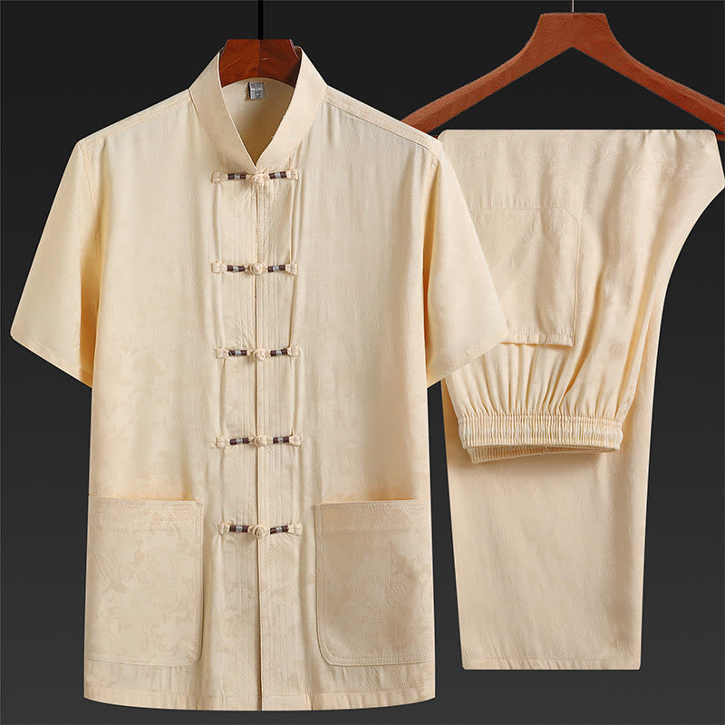 Buddha Stones lungo il fiume durante il festival di Qingming Modello tradizionale Tang Suit Camicia a maniche corte Pantaloni Abbigliamento Set da uomo
