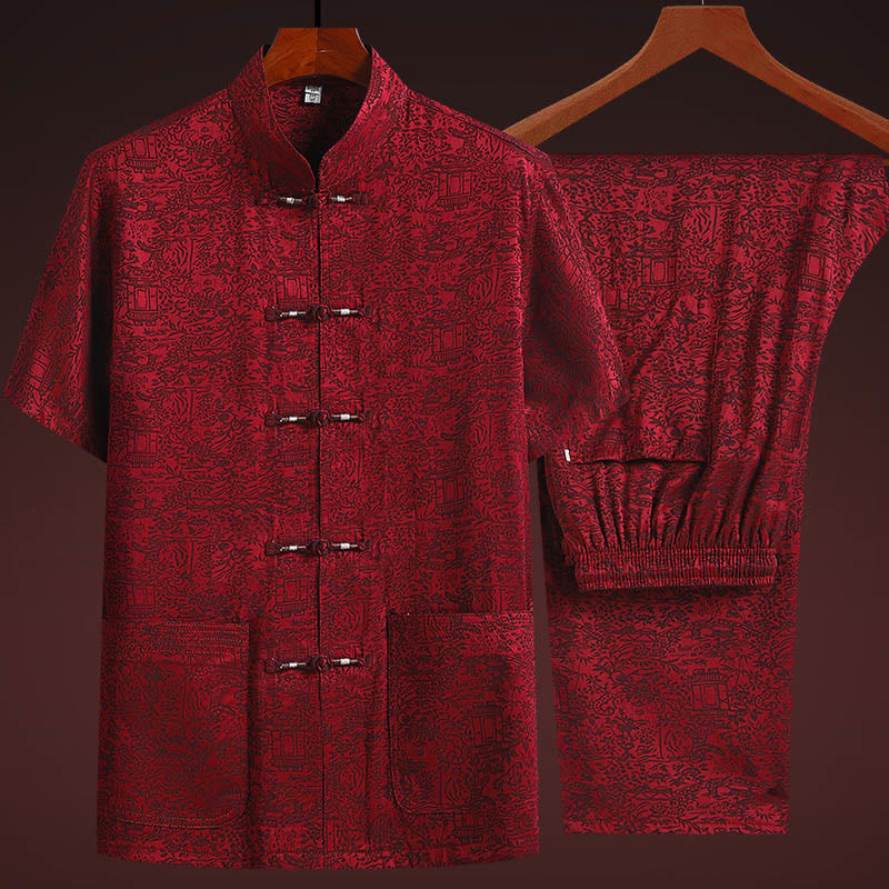 Buddha Stones lungo il fiume durante il festival di Qingming Modello tradizionale Tang Suit Camicia a maniche corte Pantaloni Abbigliamento Set da uomo