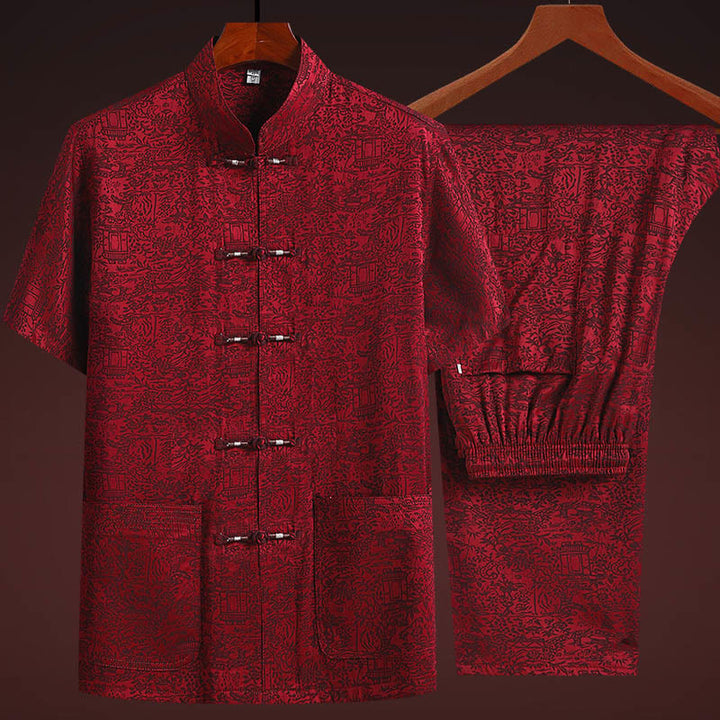 Buddha Stones lungo il fiume durante il festival di Qingming Modello tradizionale Tang Suit Camicia a maniche corte Pantaloni Abbigliamento Set da uomo