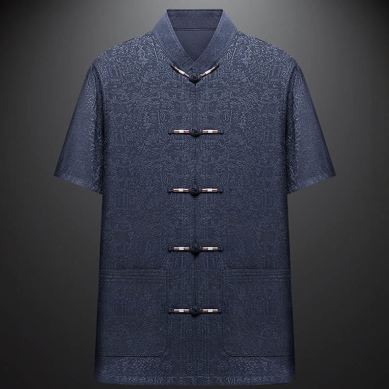 Buddha Stones lungo il fiume durante il festival di Qingming Modello tradizionale Tang Suit Camicia a maniche corte Pantaloni Abbigliamento Set da uomo
