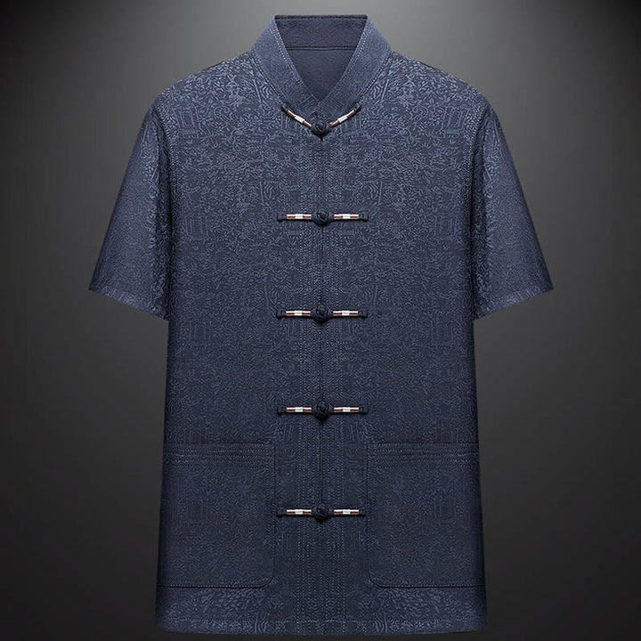 Buddha Stones lungo il fiume durante il festival di Qingming Modello tradizionale Tang Suit Camicia a maniche corte Pantaloni Abbigliamento Set da uomo