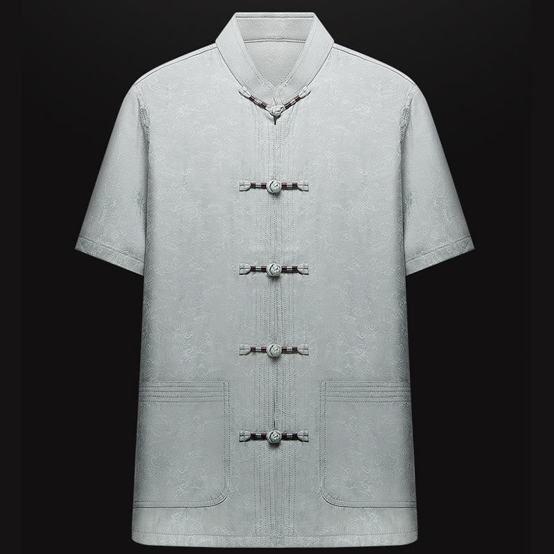 Buddha Stones lungo il fiume durante il festival di Qingming Modello tradizionale Tang Suit Camicia a maniche corte Pantaloni Abbigliamento Set da uomo