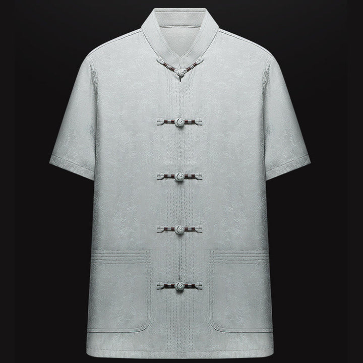 Buddha Stones lungo il fiume durante il festival di Qingming Modello tradizionale Tang Suit Camicia a maniche corte Pantaloni Abbigliamento Set da uomo