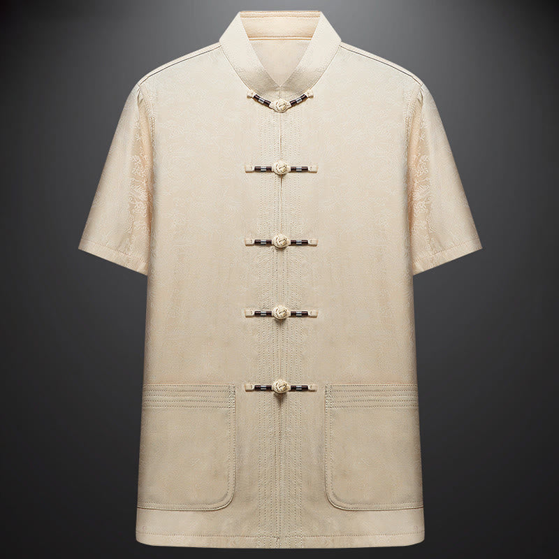 Buddha Stones lungo il fiume durante il festival di Qingming Modello tradizionale Tang Suit Camicia a maniche corte Pantaloni Abbigliamento Set da uomo