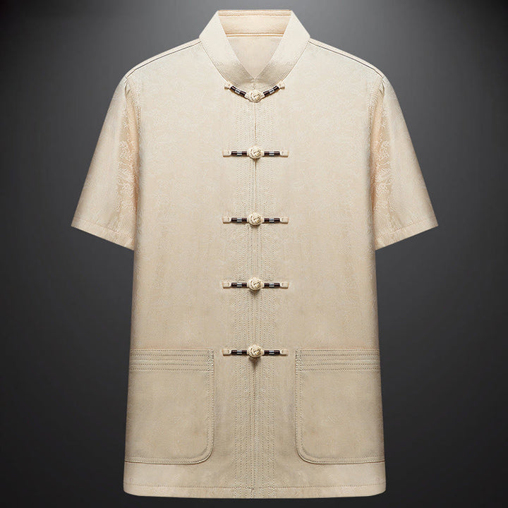 Buddha Stones lungo il fiume durante il festival di Qingming Modello tradizionale Tang Suit Camicia a maniche corte Pantaloni Abbigliamento Set da uomo