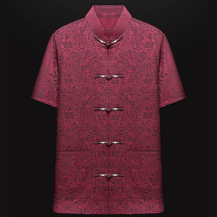 Buddha Stones lungo il fiume durante il festival di Qingming Modello tradizionale Tang Suit Camicia a maniche corte Pantaloni Abbigliamento Set da uomo