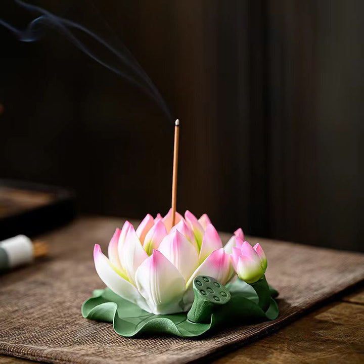 Buddha Stones, fiore di loto, foglia, baccello, guarigione spirituale, bruciatore di incenso in ceramica, decorazione