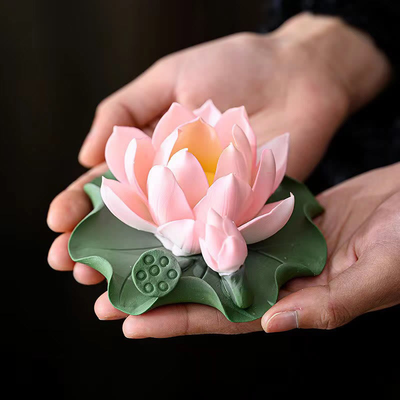 Buddha Stones, fiore di loto, foglia, baccello, guarigione spirituale, bruciatore di incenso in ceramica, decorazione