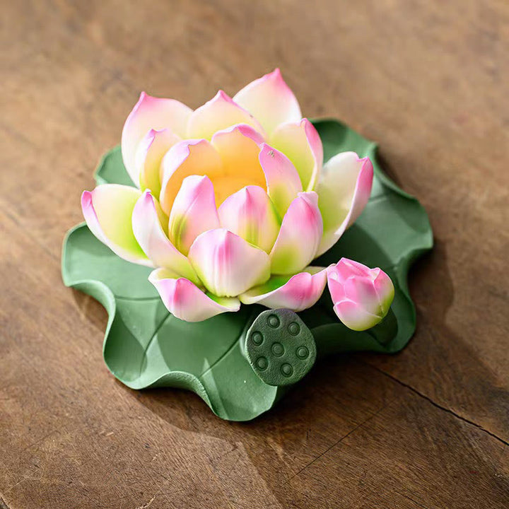 Buddha Stones, fiore di loto, foglia, baccello, guarigione spirituale, bruciatore di incenso in ceramica, decorazione