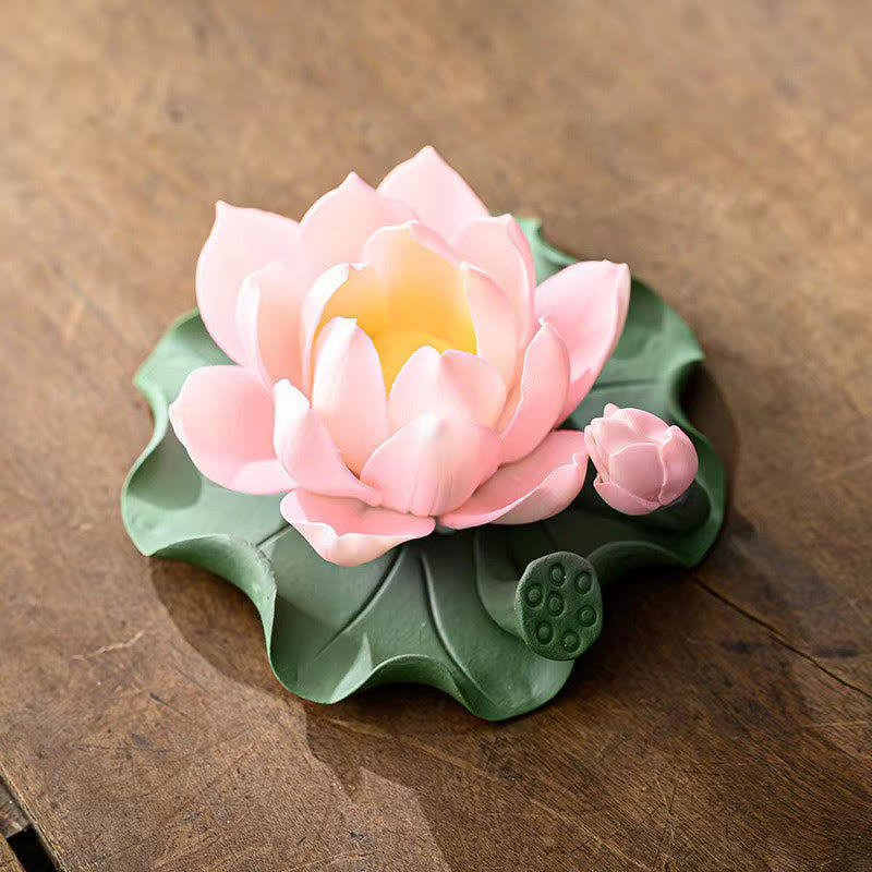 Buddha Stones, fiore di loto, foglia, baccello, guarigione spirituale, bruciatore di incenso in ceramica, decorazione