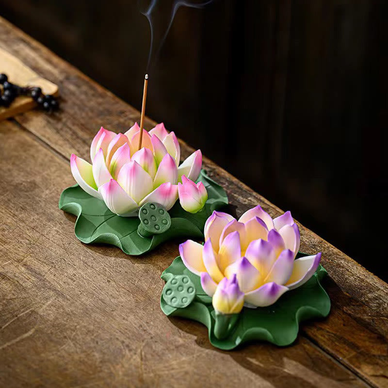 Buddha Stones, fiore di loto, foglia, baccello, guarigione spirituale, bruciatore di incenso in ceramica, decorazione
