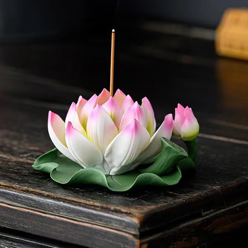 Buddha Stones, fiore di loto, foglia, baccello, guarigione spirituale, bruciatore di incenso in ceramica, decorazione