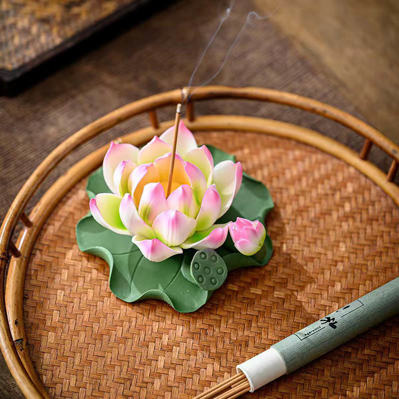 Buddha Stones, fiore di loto, foglia, baccello, guarigione spirituale, bruciatore di incenso in ceramica, decorazione