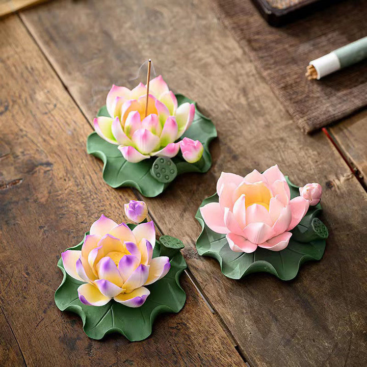Buddha Stones, fiore di loto, foglia, baccello, guarigione spirituale, bruciatore di incenso in ceramica, decorazione