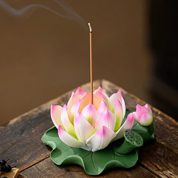 Buddha Stones, fiore di loto, foglia, baccello, guarigione spirituale, bruciatore di incenso in ceramica, decorazione