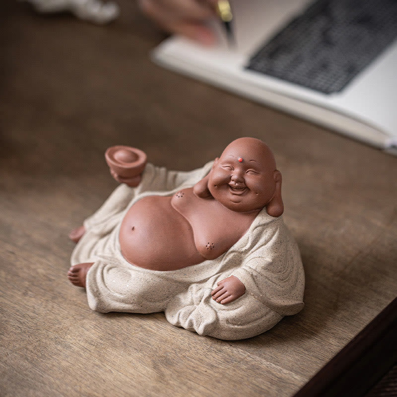 Buddha Stones Lingotti del Buddha che ride Attraggono la ricchezza Decorazione della statua di Maitreya in argilla viola - image 6