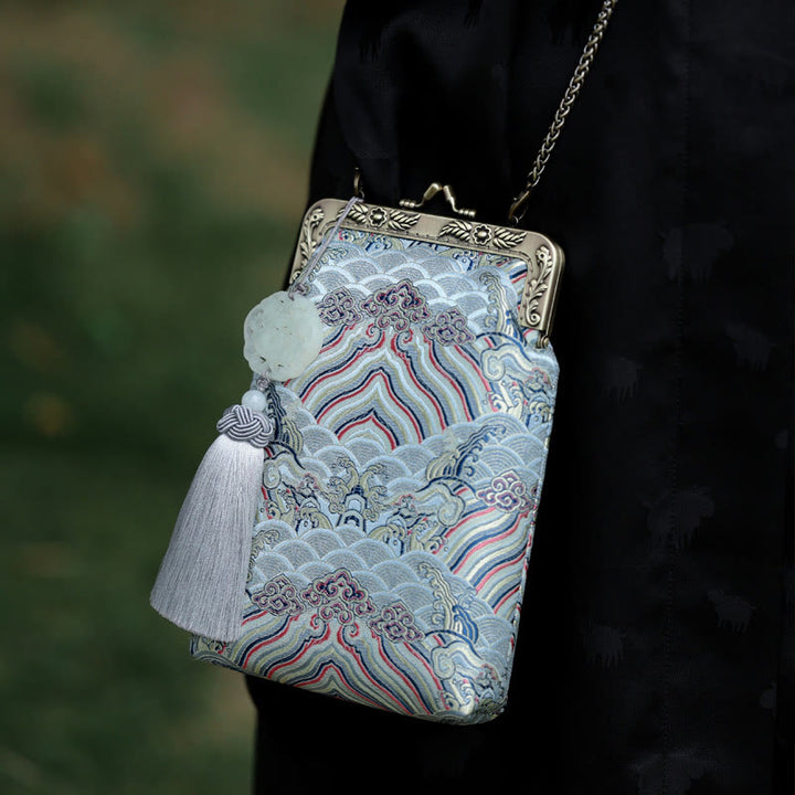 Borsa a tracolla con catena in metallo e onde blu dell'oceano, borsa a tracolla per cellulare, Buddha Stones