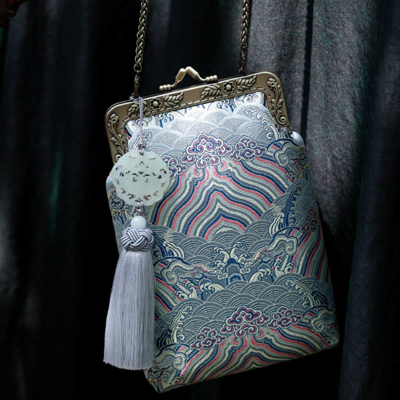 Borsa a tracolla con catena in metallo e onde blu dell'oceano, borsa a tracolla per cellulare, Buddha Stones