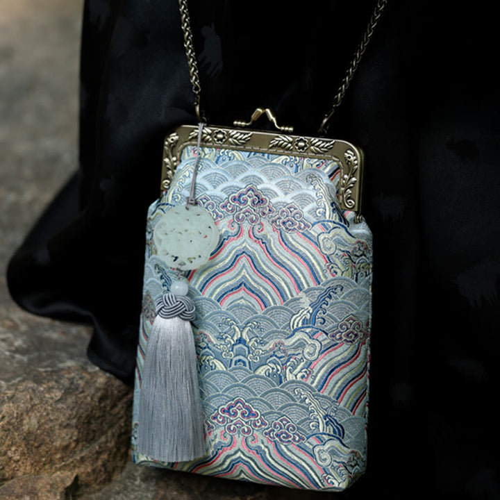 Borsa a tracolla con catena in metallo e onde blu dell'oceano, borsa a tracolla per cellulare, Buddha Stones