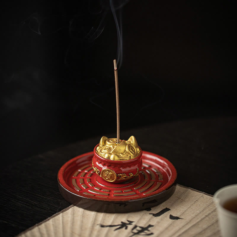 Buddha Stones Piccola ciotola del tesoro Sacchetto fortunato Vassoio Bagua Bastoncino di ceramica curativo Bruciatore di incenso Decorazione