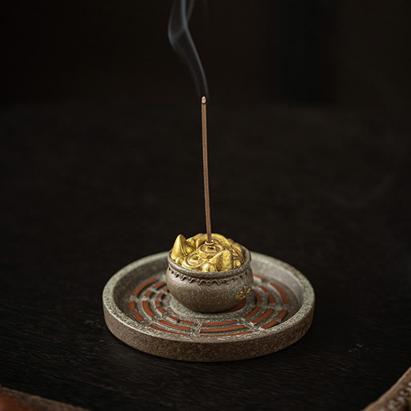 Buddha Stones Piccola ciotola del tesoro Sacchetto fortunato Vassoio Bagua Bastoncino di ceramica curativo Bruciatore di incenso Decorazione