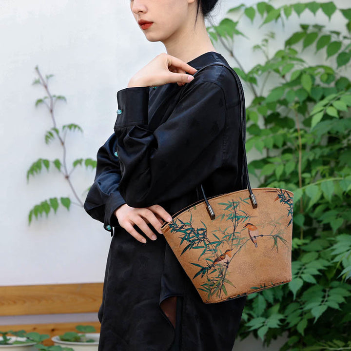 Borsa a tracolla grande capacità Buddha Stones Vintage Bamboo Magpie Peony Butterfly