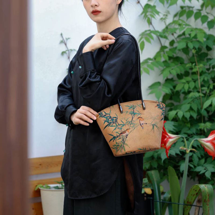Borsa a tracolla grande capacità Buddha Stones Vintage Bamboo Magpie Peony Butterfly