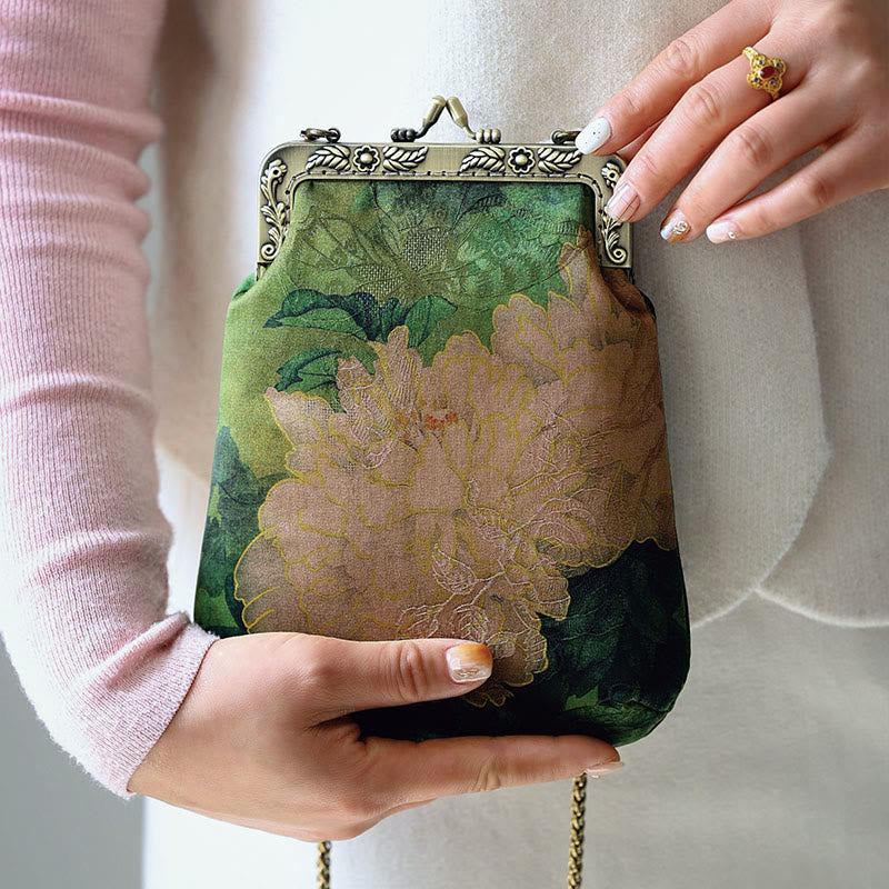 Borsa a tracolla con catena in metallo a farfalla, piccola peonia verde, Buddha Stones, borsa a tracolla per cellulare
