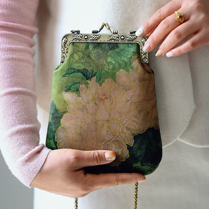 Borsa a tracolla con catena in metallo a farfalla, piccola peonia verde, Buddha Stones, borsa a tracolla per cellulare