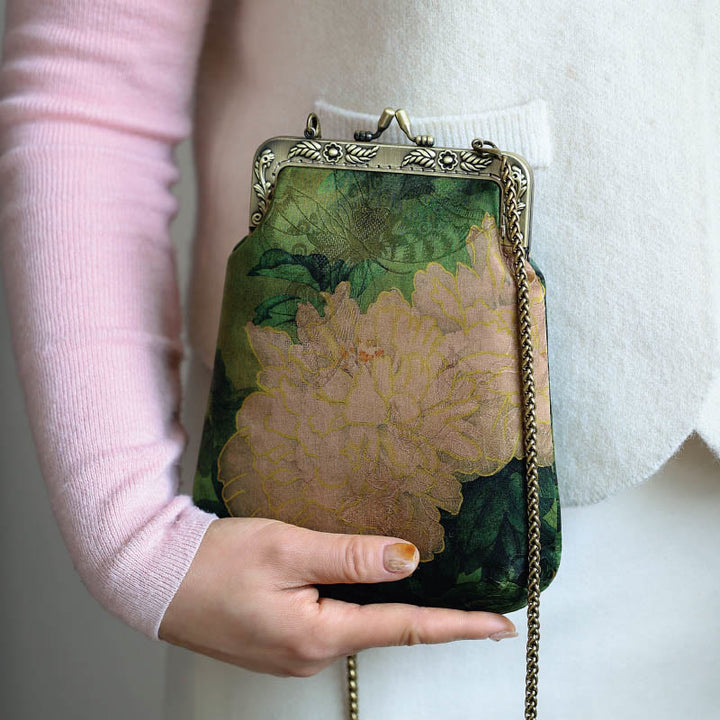 Borsa a tracolla con catena in metallo a farfalla, piccola peonia verde, Buddha Stones, borsa a tracolla per cellulare