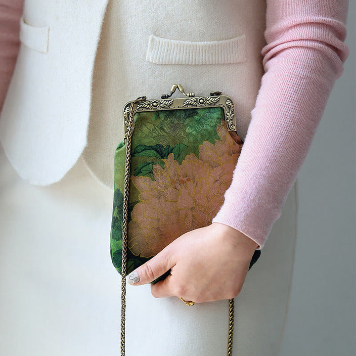 Borsa a tracolla con catena in metallo a farfalla, piccola peonia verde, Buddha Stones, borsa a tracolla per cellulare