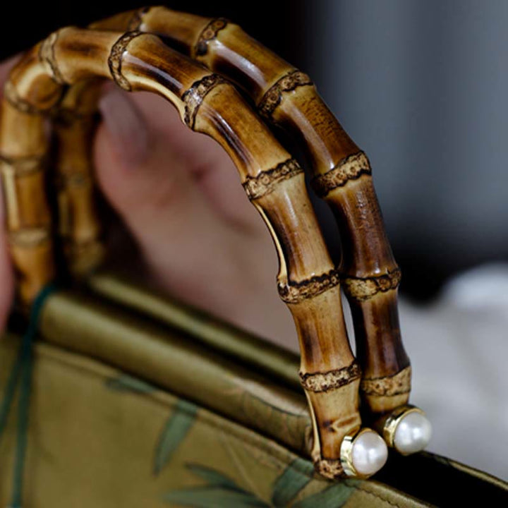 Buddha Stones Foglie di bambù gialle e verdi Manici di bambù Borsa a mano