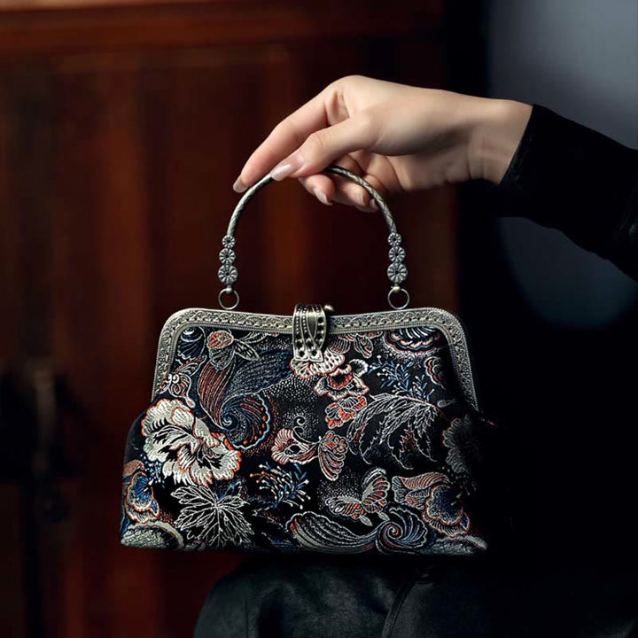 Borsa a mano con manico in metallo e fiori a farfalla con Buddha Stones