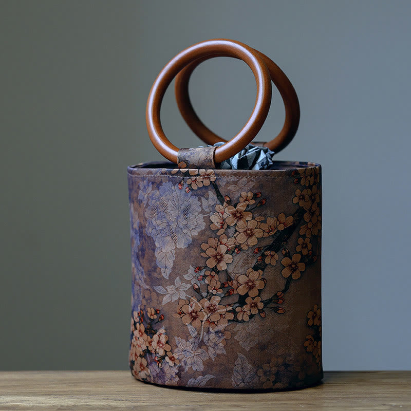 Buddha Stones Foglia di bambù Farfalla Fiore di ciliegio Cachi Manico in legno Borsa a mano
